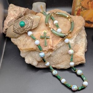 Green and Gold Tone, Jade And Quartz, Jewelry Set. Four Piece.